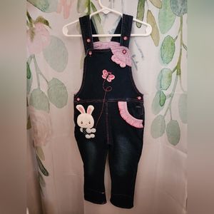 Brand New Baby Girls Stretch Denim Bunny Pink Check Overalls sz 18-24 mo